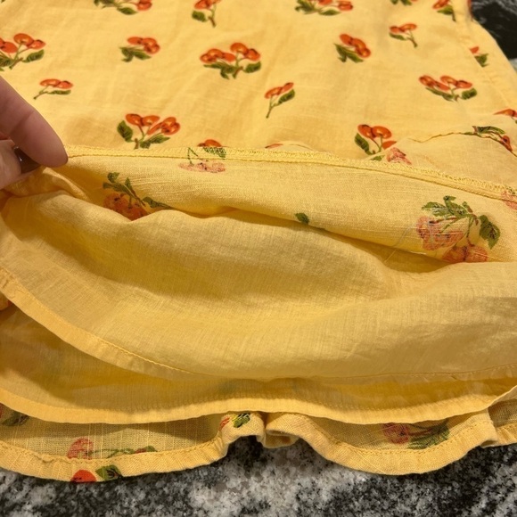 UO honey yellow with cherries print milkmaid mini dress with ruffles - Picture 11 of 14